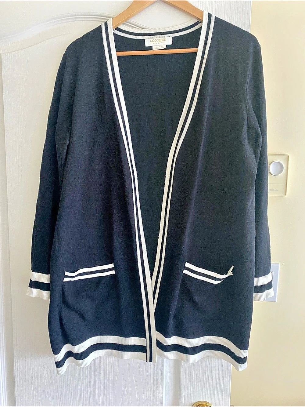 COCOBLEU Striped Trim Cardigan in Black & White Like New